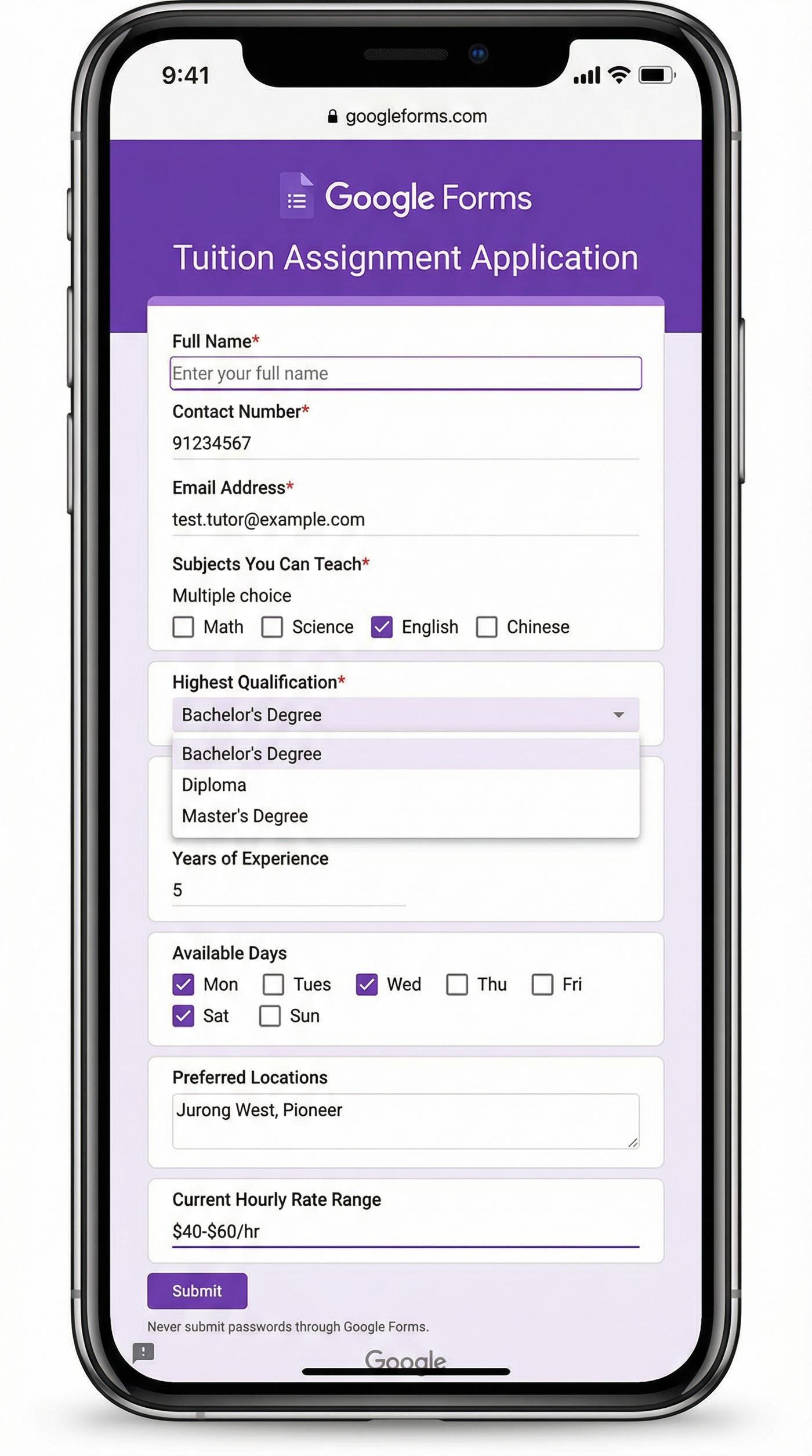 Google Form for Singapore tutor applications with repeated manual fields