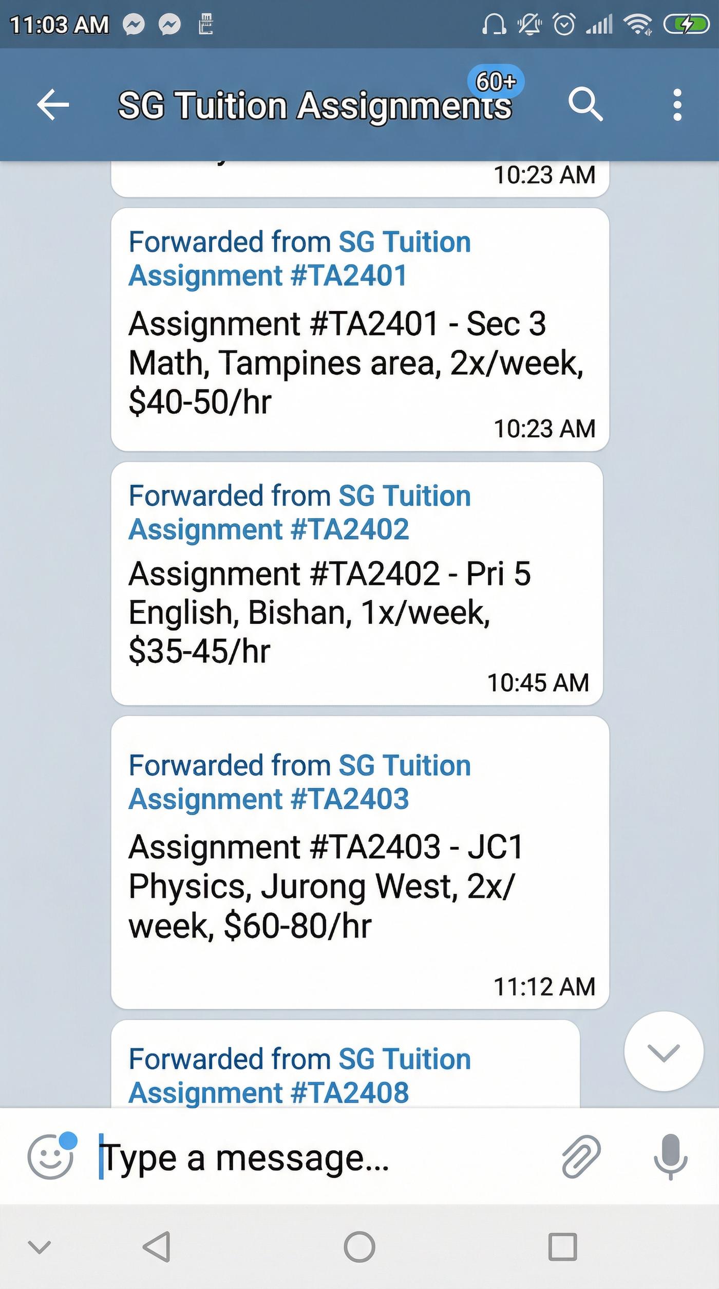 Telegram tuition assignment blasts in Singapore showing over 60 competing leads